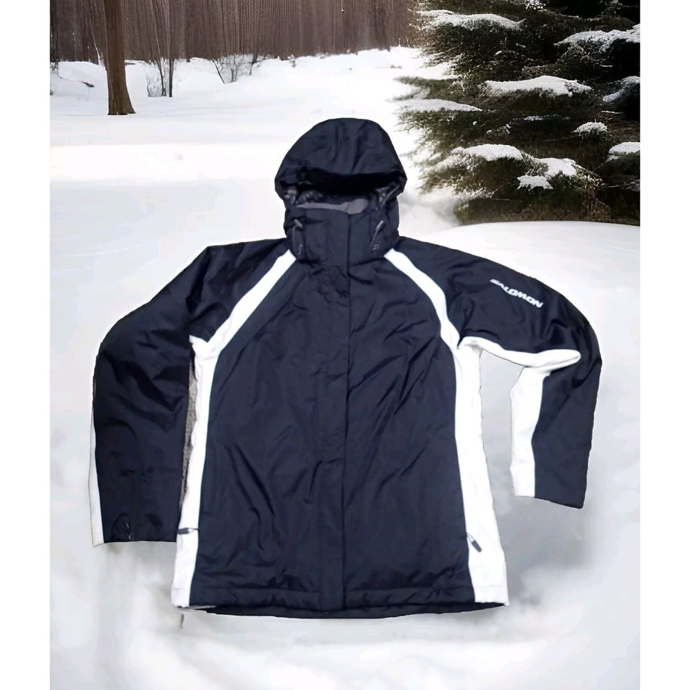 Salomon Ski Jacket Women XL Black White Good Hooded Winter‎ Coat Colorblock